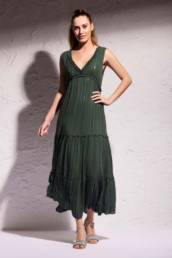 LONG GREEN DRESS WITH INLAYS