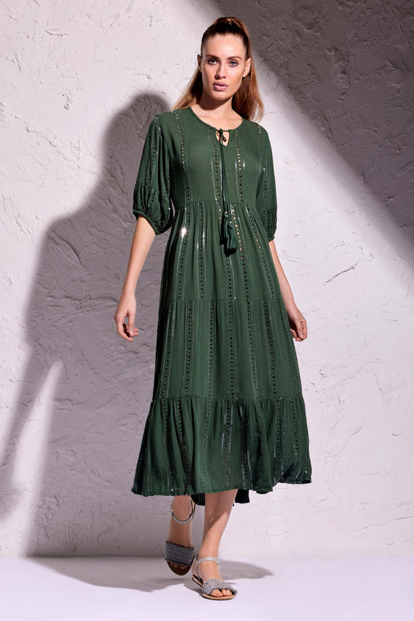 LONG GREEN DRESS WITH INLAYS